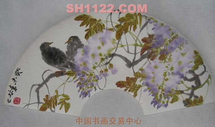 紫藤小鸟(扇面)